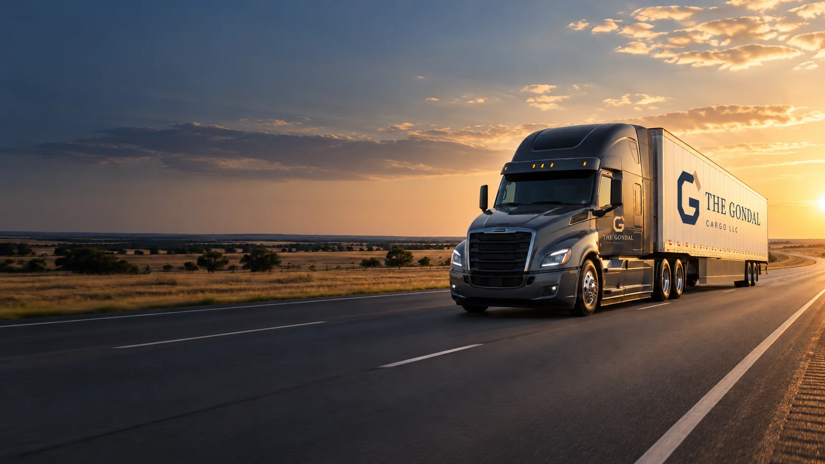 Illustrative branded Gondal Cargo semi-truck and trailer on a highway at sunset.